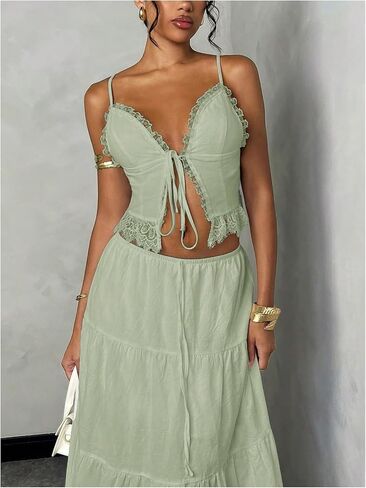 Floerns Women's 2 Piece Outfit Lace Trim Tie Front Camisole Top Tiered Maxi Skirts Set in Saudi Arabia