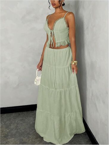 Floerns Women's 2 Piece Outfit Lace Trim Tie Front Camisole Top Tiered Maxi Skirts Set in Saudi Arabia