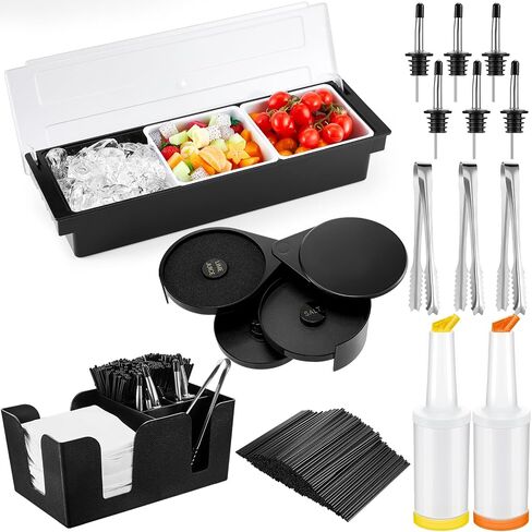 Mifoci Garnish Tray with Lid Bar Caddy 3 Tier Bar Glass Rimmer 12 Stainless Steel Classic Bottle Pourers 2 Plastic Juice Pour Bottles 1000 Count Cocktail Stirrers 3 Serving Tongs Set (6 Compartments) in Saudi Arabia