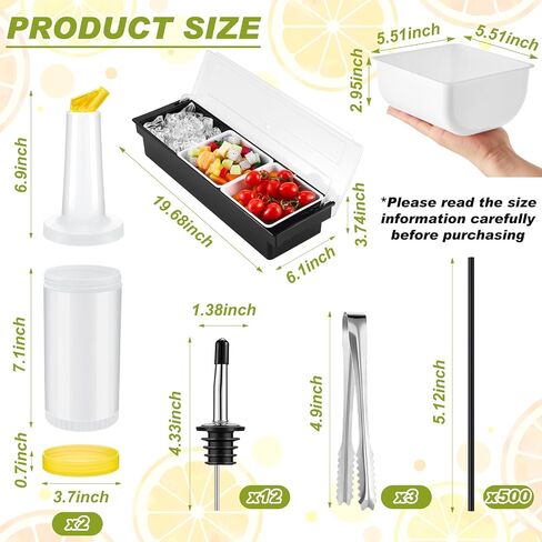 Mifoci Garnish Tray with Lid Bar Caddy 3 Tier Bar Glass Rimmer 12 Stainless Steel Classic Bottle Pourers 2 Plastic Juice Pour Bottles 1000 Count Cocktail Stirrers 3 Serving Tongs Set (6 Compartments) in Saudi Arabia