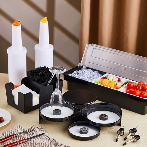 Mifoci Garnish Tray with Lid Bar Caddy 3 Tier Bar Glass Rimmer 12 Stainless Steel Classic Bottle Pourers 2 Plastic Juice Pour Bottles 1000 Count Cocktail Stirrers 3 Serving Tongs Set (6 Compartments) in Saudi Arabia