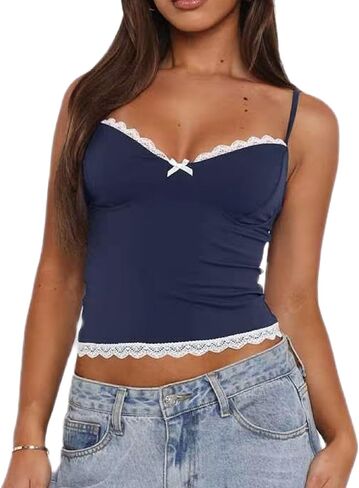 Women Y2K Spaghetti Strap Camisole Crop Top Deep v Neeck Lace Trim Stest Out Out Tank Tops Streetwear in Kuwait