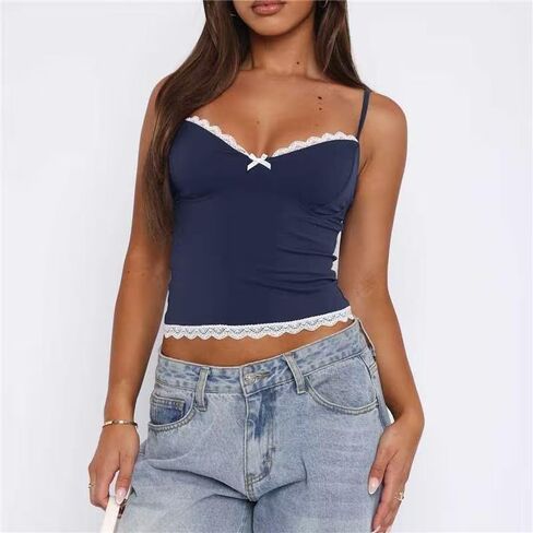 Women Y2K Spaghetti Strap Camisole Crop Top Deep v Neeck Lace Trim Stest Out Out Tank Tops Streetwear in Kuwait