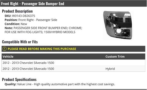 نهاية الصدمات الأمامية اليمنى من جانب الراكب - Chrome - متوافق مع 2012-2013 Chevy Silverado 1500 in Saudi Arabia