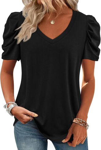 ATHMILE Womens Summer Shirt V Neck Casual Tshirts Puff Sleeve Tops for Women Trendy 2025 Tunic Solid Color in Kuwait