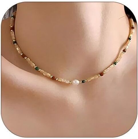 Colorful Beaded Gemstone Neckelace for Women Natural Stone Freshwater Pearl Necklace Colorful Rainbow Boho Bead Choker Necklace Charm Jewelry in Kuwait