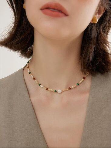 Colorful Beaded Gemstone Neckelace for Women Natural Stone Freshwater Pearl Necklace Colorful Rainbow Boho Bead Choker Necklace Charm Jewelry in Kuwait