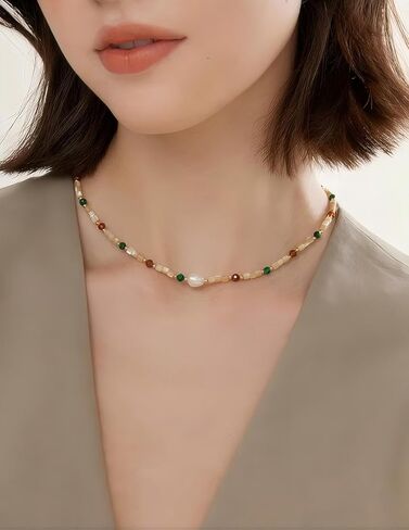 Colorful Beaded Gemstone Neckelace for Women Natural Stone Freshwater Pearl Necklace Colorful Rainbow Boho Bead Choker Necklace Charm Jewelry in Kuwait