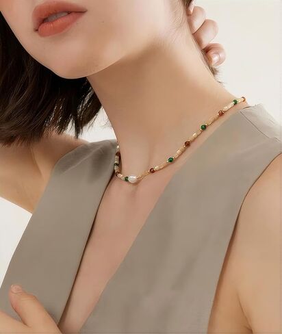 Colorful Beaded Gemstone Neckelace for Women Natural Stone Freshwater Pearl Necklace Colorful Rainbow Boho Bead Choker Necklace Charm Jewelry in Kuwait