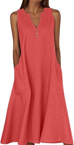 Summer Linen Dresses for Women 2025 Casual Maxi Dress Sleeveless Button Dress Sexy V Neck Beach Dresses with Pockets in Saudi Arabia