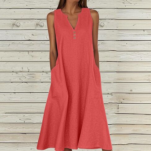Summer Linen Dresses for Women 2025 Casual Maxi Dress Sleeveless Button Dress Sexy V Neck Beach Dresses with Pockets in Saudi Arabia