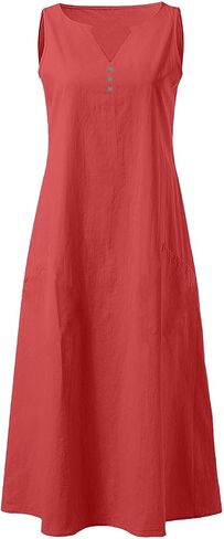 Summer Linen Dresses for Women 2025 Casual Maxi Dress Sleeveless Button Dress Sexy V Neck Beach Dresses with Pockets in Saudi Arabia