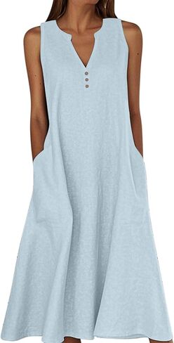Summer Linen Dresses for Women 2025 Casual Maxi Dress Sleeveless Button Dress Sexy V Neck Beach Dresses with Pockets in Saudi Arabia