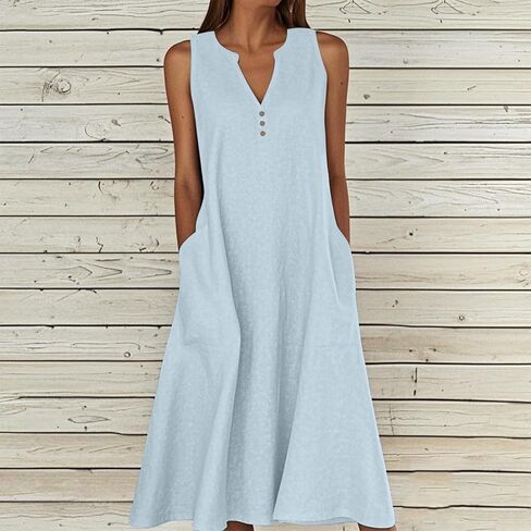 Summer Linen Dresses for Women 2025 Casual Maxi Dress Sleeveless Button Dress Sexy V Neck Beach Dresses with Pockets in Saudi Arabia