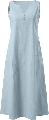 Summer Linen Dresses for Women 2025 Casual Maxi Dress Sleeveless Button Dress Sexy V Neck Beach Dresses with Pockets in Saudi Arabia