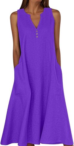 Summer Linen Dresses for Women 2025 Casual Maxi Dress Sleeveless Button Dress Sexy V Neck Beach Dresses with Pockets in Saudi Arabia