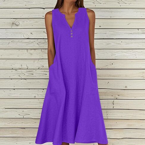 Summer Linen Dresses for Women 2025 Casual Maxi Dress Sleeveless Button Dress Sexy V Neck Beach Dresses with Pockets in Saudi Arabia