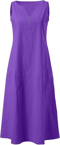 Summer Linen Dresses for Women 2025 Casual Maxi Dress Sleeveless Button Dress Sexy V Neck Beach Dresses with Pockets in Saudi Arabia