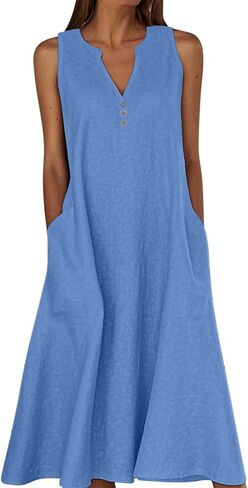 Summer Linen Dresses for Women 2025 Casual Maxi Dress Sleeveless Button Dress Sexy V Neck Beach Dresses with Pockets in Saudi Arabia