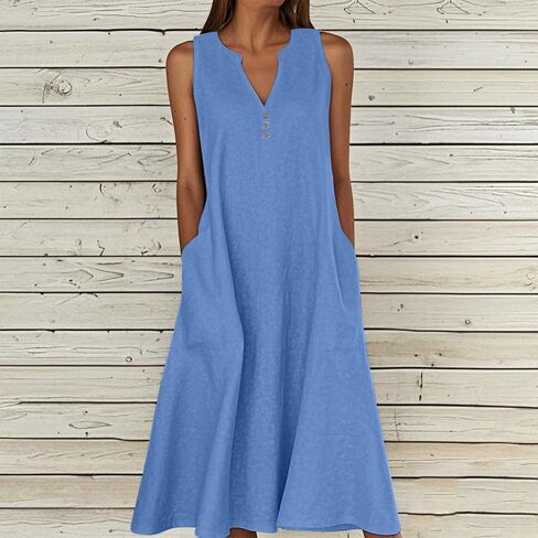Summer Linen Dresses for Women 2025 Casual Maxi Dress Sleeveless Button Dress Sexy V Neck Beach Dresses with Pockets in Saudi Arabia