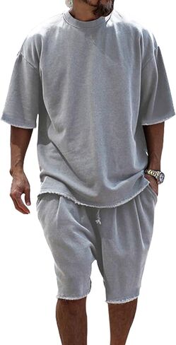 Mens Tracksuit Short Sleeve Tshirts and Shorts Set 2 Piece Outfits Casual Sweatsuits with Pocket in Kuwait
