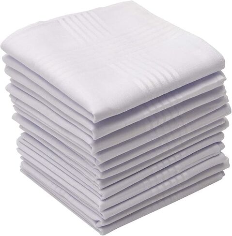 DevoBhoomi 12 Pack Handkerchief mens white handkerchiefs wrinkle free (Permanent Press White with Satin Cord, 16" x 16") in Saudi Arabia