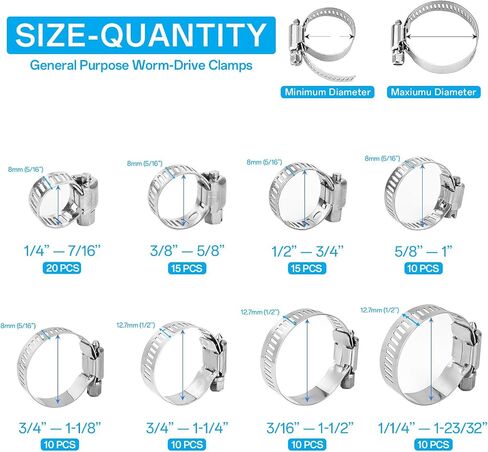 60pcs Small Hose Clamp Set - 1/4''–1-1/2'' 304 Stainless Steel Worm Gear Assorted Hose Clamps For Pipe Clamp, Intercooler Plumbing Tube Clamp And Fuel Line Clamp in Saudi Arabia