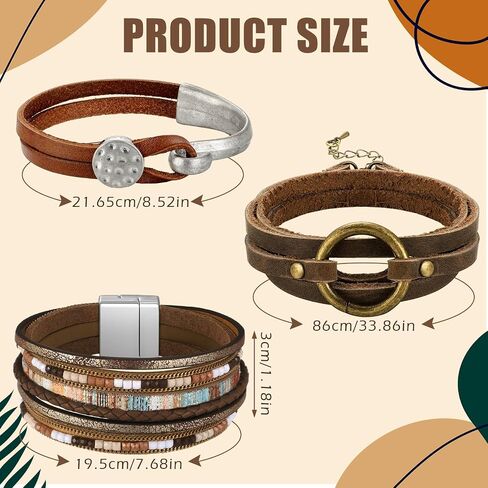 Inbagi 3 Pcs Bohemian Bracelet for Women Faux Leather Cuff Bracelet Heart Rhinestone Bead Multi Layer Western Jewelry Crystal Wristbands in Saudi Arabia