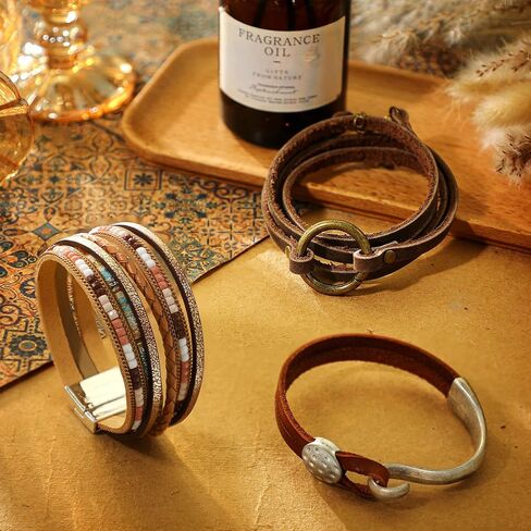 Inbagi 3 Pcs Bohemian Bracelet for Women Faux Leather Cuff Bracelet Heart Rhinestone Bead Multi Layer Western Jewelry Crystal Wristbands in Saudi Arabia