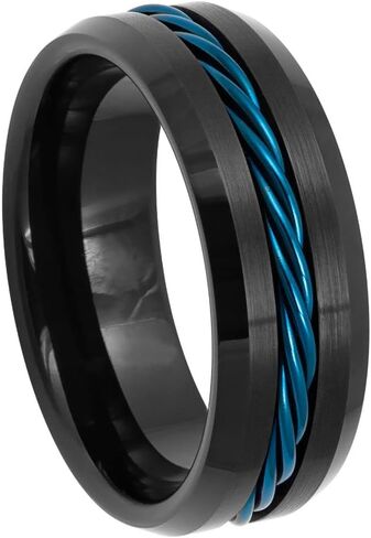 Tungsten Carbide Ring 8mm - Black Linfe with electric Blue Twisted Cable - Men’s Comfort Fit Band - التصميم الصناعي ، مقاوم للخدش ، hypoallergenic. in Saudi Arabia