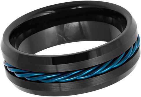 Tungsten Carbide Ring 8mm - Black Linfe with electric Blue Twisted Cable - Men’s Comfort Fit Band - التصميم الصناعي ، مقاوم للخدش ، hypoallergenic. in Saudi Arabia