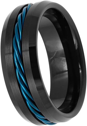 Tungsten Carbide Ring 8mm - Black Linfe with electric Blue Twisted Cable - Men’s Comfort Fit Band - التصميم الصناعي ، مقاوم للخدش ، hypoallergenic. in Saudi Arabia