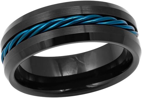 Tungsten Carbide Ring 8mm - Black Linfe with electric Blue Twisted Cable - Men’s Comfort Fit Band - التصميم الصناعي ، مقاوم للخدش ، hypoallergenic. in Saudi Arabia