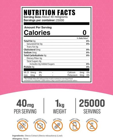 BulkSupplements.com Stevia Extract Powder - Stevia Sweetener, Pure Stevia Powder - Zero Calorie Sweetener, Gluten Free, 40mg per Serving, 250g (8.8 oz) (Pack of 1) in Kuwait