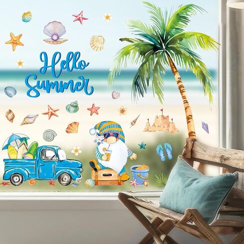 Whaline 6 ورقة الصيف تشبث كبيرة شجرة النخيل الشمس شاطئ الشاطئ Gnome نافذة الشارات المائية Hello Summer Windows Decor in Saudi Arabia