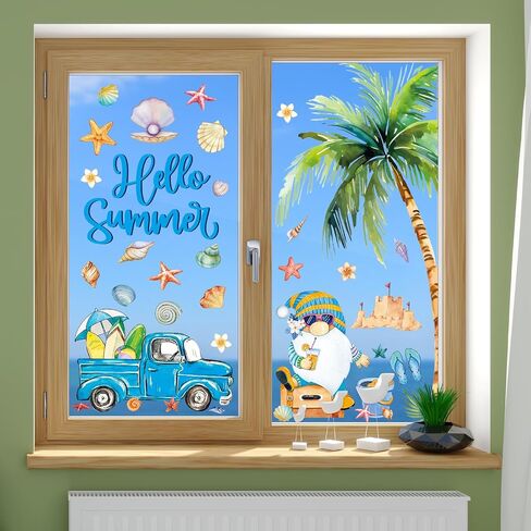 Whaline 6 ورقة الصيف تشبث كبيرة شجرة النخيل الشمس شاطئ الشاطئ Gnome نافذة الشارات المائية Hello Summer Windows Decor in Saudi Arabia