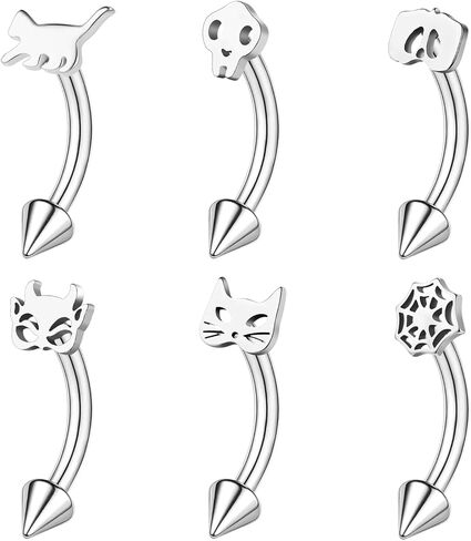 ZS 6Pcs 16G Skull Stainless Steel Eyebrow Piercing, Halloween Eyebrow Rings Spiderweb Pumpkin Belly Rings Bat Rook Earrings Internally Threaded Curved Barbell for Women in Kuwait