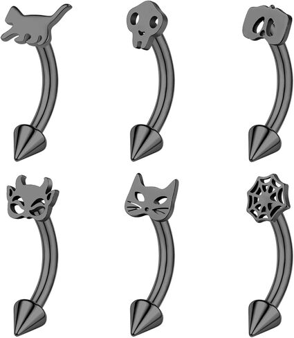 ZS 6Pcs 16G Skull Stainless Steel Eyebrow Piercing, Halloween Eyebrow Rings Spiderweb Pumpkin Belly Rings Bat Rook Earrings Internally Threaded Curved Barbell for Women in Kuwait