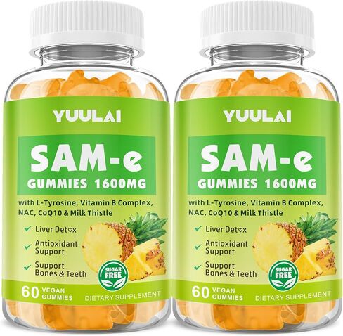حزمة من 2 sam-e gummies ، ملحق Sam e الخالي من السكر مع L-tyrosine ، مجمع فيتامين B & NAC ، CoQ10 ، نكهة الأناناس ، 120 عدد in Kuwait