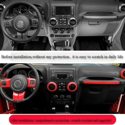 18 PCS Full Set Interior Decoration Trim Kit Steering Wheel Center Console Door Handle Air Conditioning Vent Cup Holder Gear Cover Trim for Jeep for Wrangler JK JKU 2011-2018 4-Door (Red) (Black) in Saudi Arabia