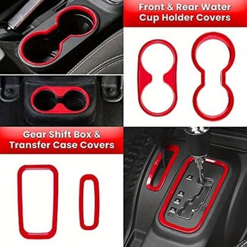 18 PCS Full Set Interior Decoration Trim Kit Steering Wheel Center Console Door Handle Air Conditioning Vent Cup Holder Gear Cover Trim for Jeep for Wrangler JK JKU 2011-2018 4-Door (Red) (Black) in Saudi Arabia