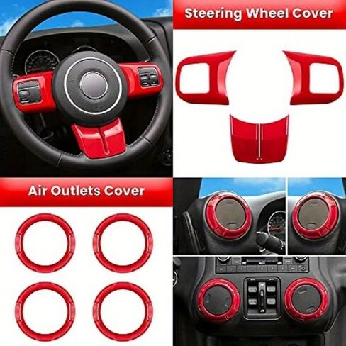 18 PCS Full Set Interior Decoration Trim Kit Steering Wheel Center Console Door Handle Air Conditioning Vent Cup Holder Gear Cover Trim for Jeep for Wrangler JK JKU 2011-2018 4-Door (Red) (Black) in Saudi Arabia