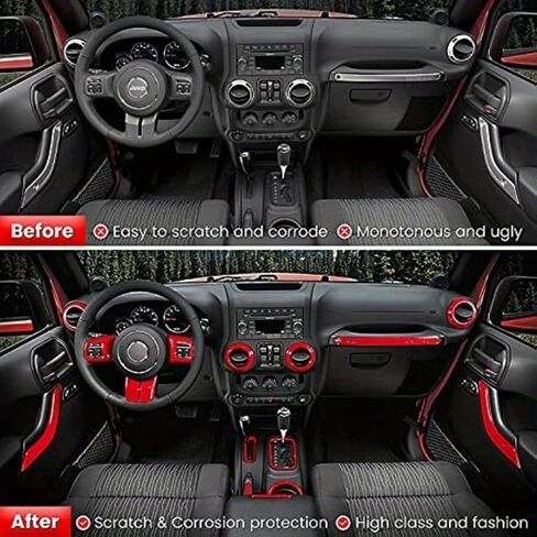18 PCS Full Set Interior Decoration Trim Kit Steering Wheel Center Console Door Handle Air Conditioning Vent Cup Holder Gear Cover Trim for Jeep for Wrangler JK JKU 2011-2018 4-Door (Red) (Black) in Saudi Arabia