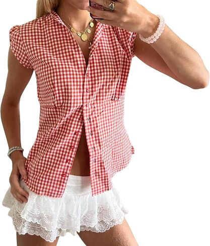 Women's Plaid Button Down Shirt Y2K Short Sleeve Vintage Blouse Top in Saudi Arabia