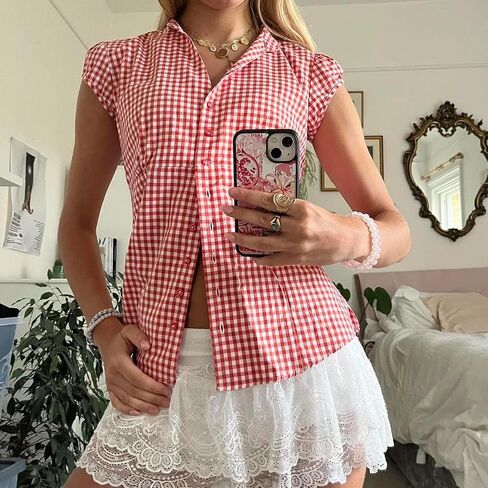 Women's Plaid Button Down Shirt Y2K Short Sleeve Vintage Blouse Top in Saudi Arabia