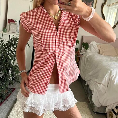 Women's Plaid Button Down Shirt Y2K Short Sleeve Vintage Blouse Top in Saudi Arabia