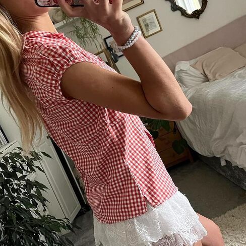 Women's Plaid Button Down Shirt Y2K Short Sleeve Vintage Blouse Top in Saudi Arabia
