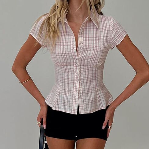 Women's Plaid Button Down Shirt Y2K Short Sleeve Vintage Blouse Top in Saudi Arabia