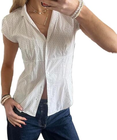 Women's Plaid Button Down Shirt Y2K Short Sleeve Vintage Blouse Top in Saudi Arabia