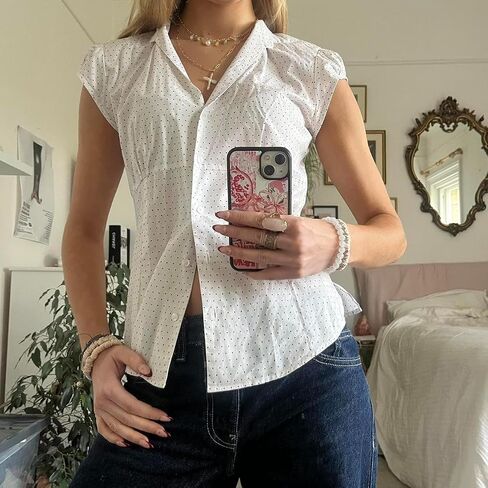 Women's Plaid Button Down Shirt Y2K Short Sleeve Vintage Blouse Top in Saudi Arabia